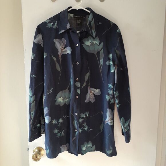 August Silk Linen Silk Navy Blue Floral Tunic Top Button Down Shirt L - Picture 1 of 7